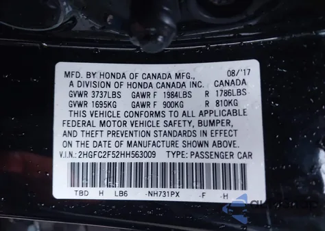 2017 Honda Civic Lx из США, поврежденный, VIN 2HGFC2F52HH563009